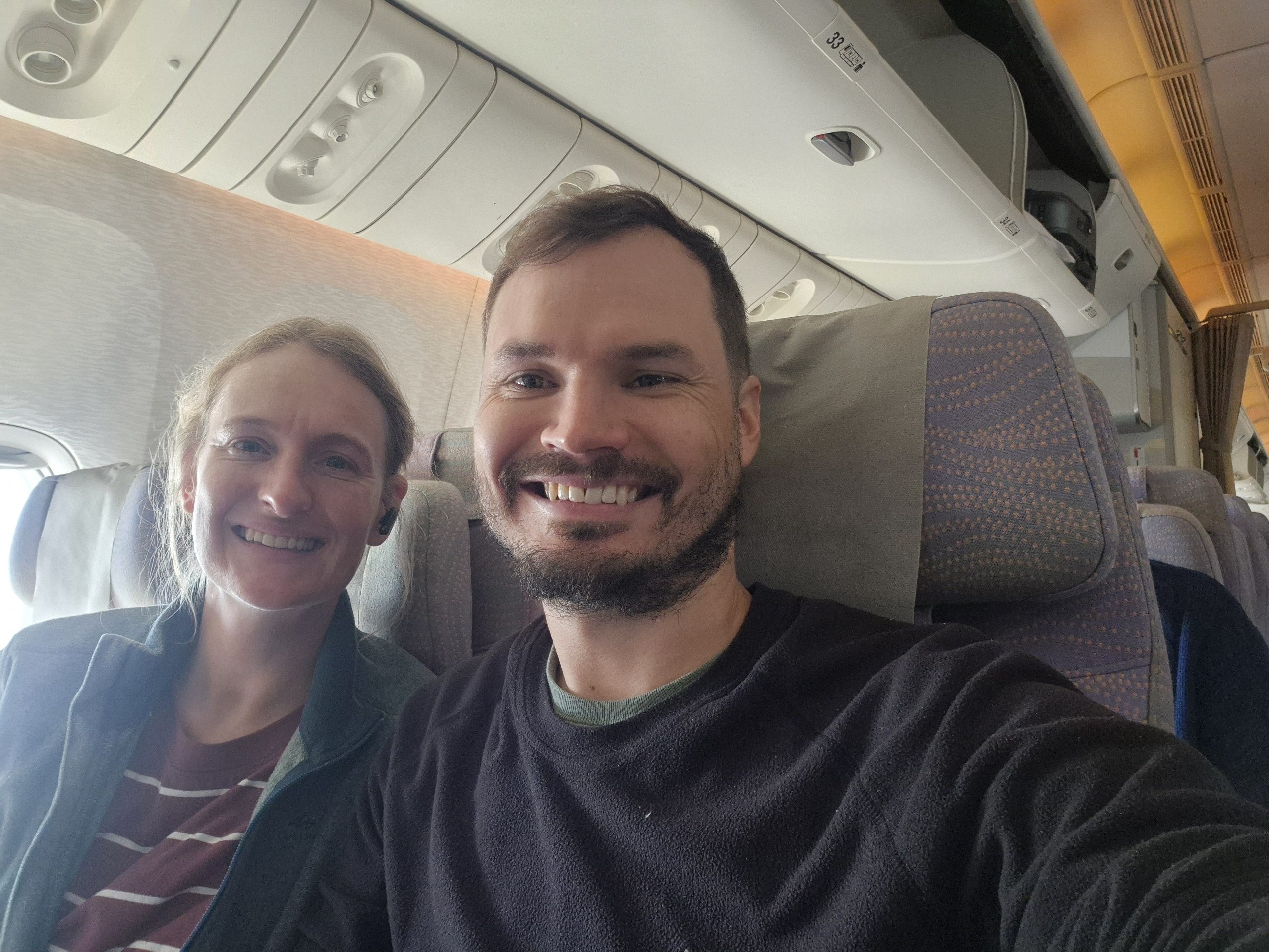 Hugo and Caro on the flight from Cape Town to Dubai