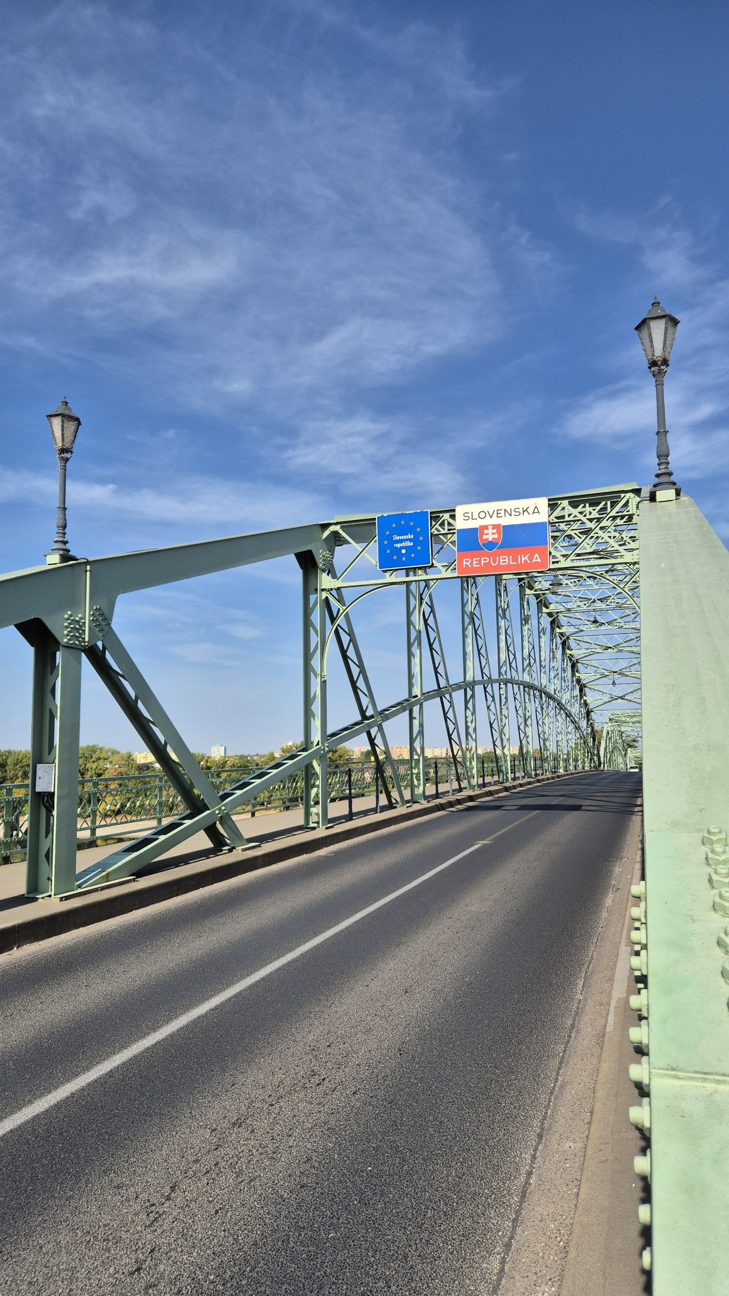 The Mária Valéria Bridge at the Slovak border, with signs welcoming travellers to the Slovak Republic