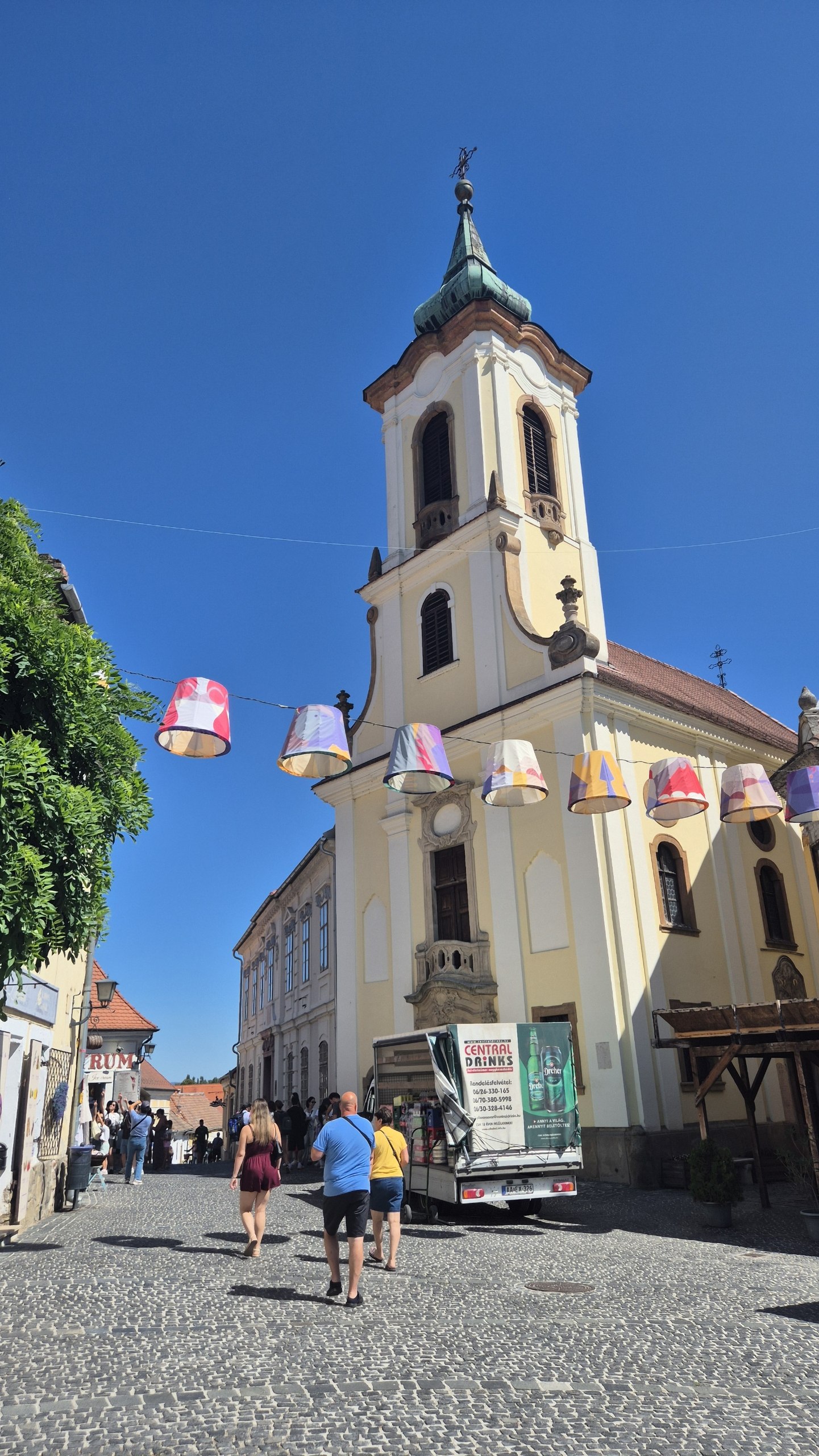 A church on a cobbled square in Szentendre
