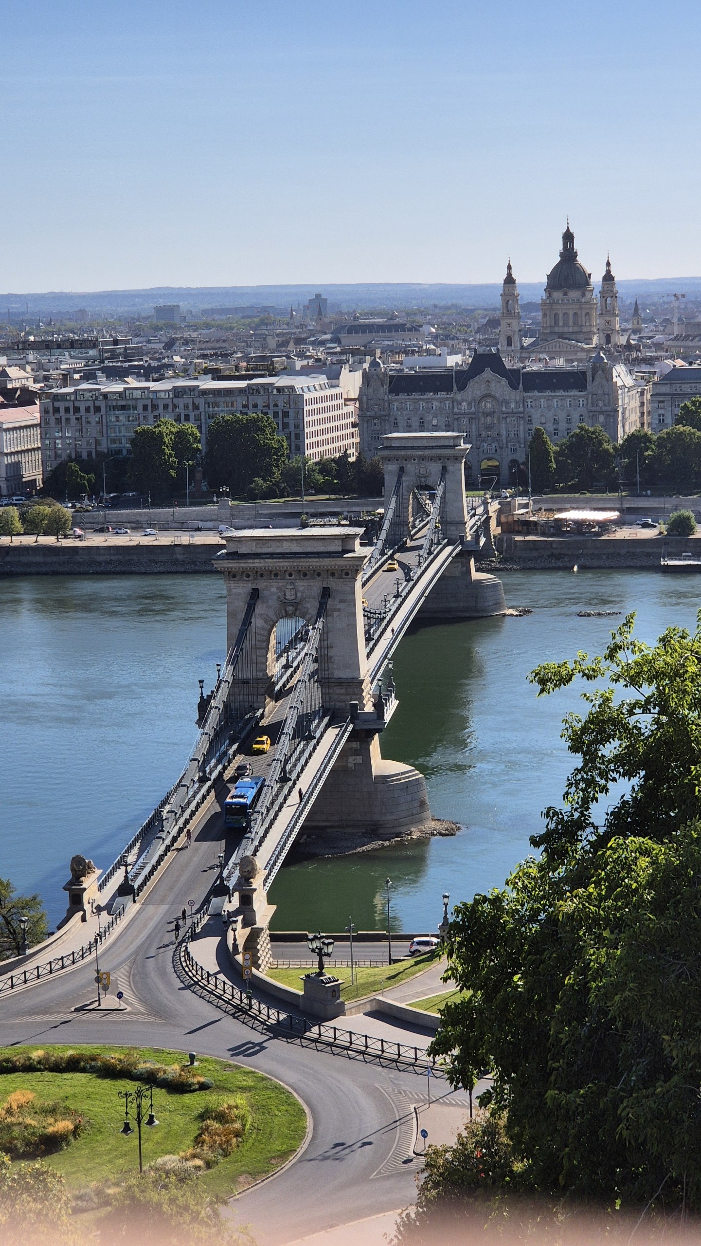The Chain Bridge crossing the Danube towards St Stephen's Basilica in Budapest
