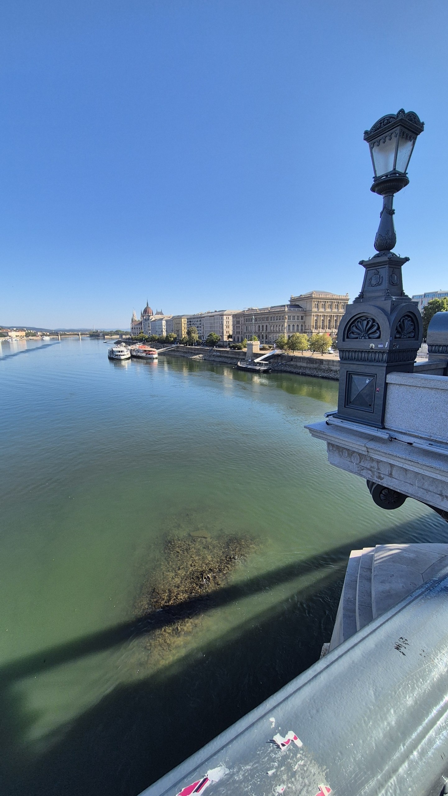The unusually low Danube seen from Chain Bridge in Budapest