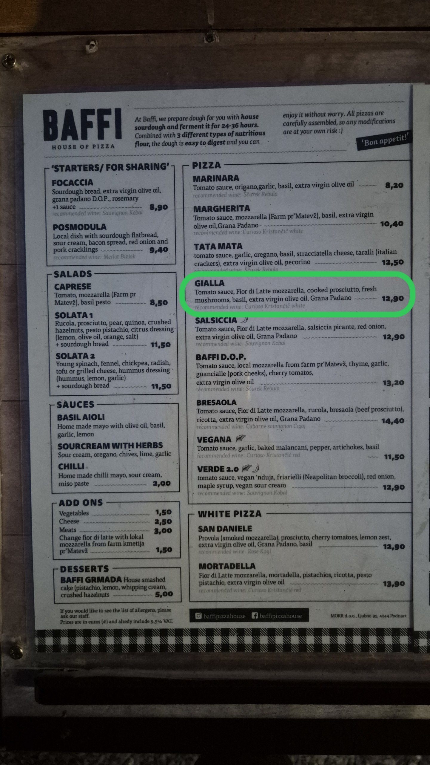 Baffi House of Pizza menu with the Gialla pizza highlighted