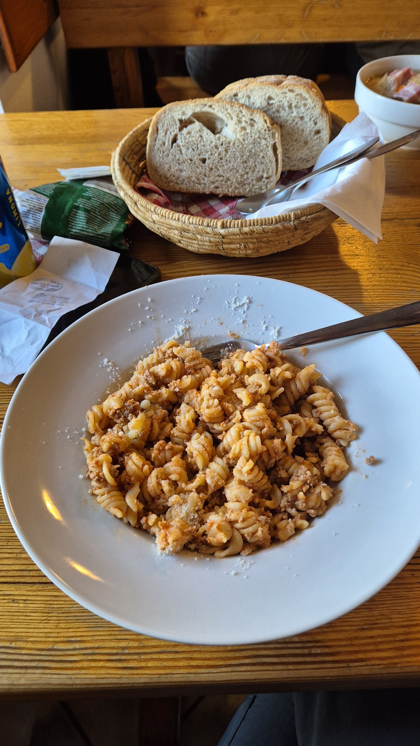 Macaroni bolognese served for dinner at Dom na Komni