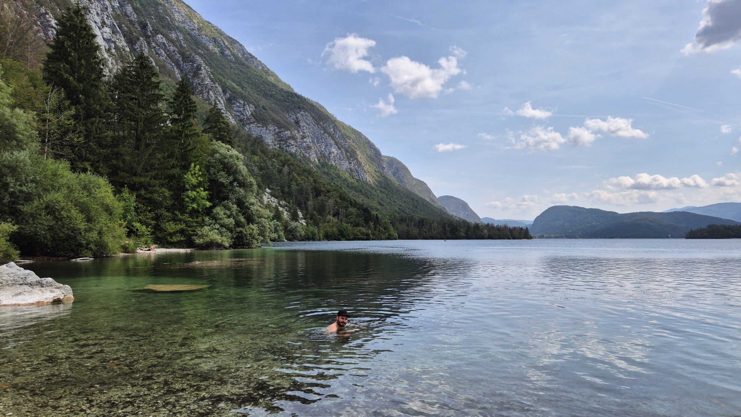 Hugo swimming in the clear water of Lake Bohinj beneath the mountains