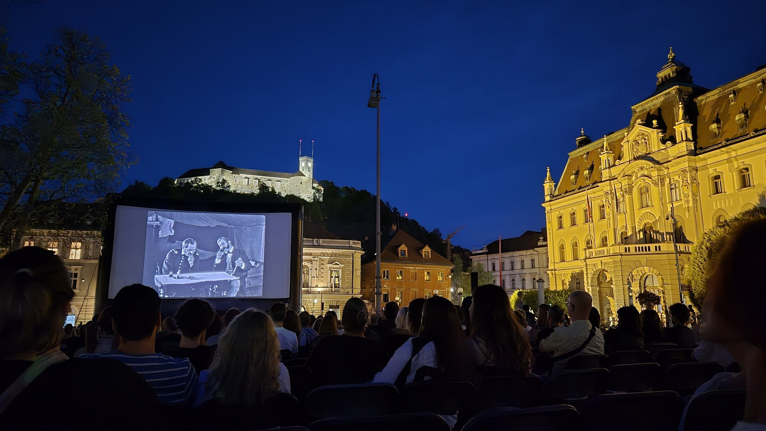 The General playing at the free open-air cinema on Congress Square with Ljubljana Castle behind the screen