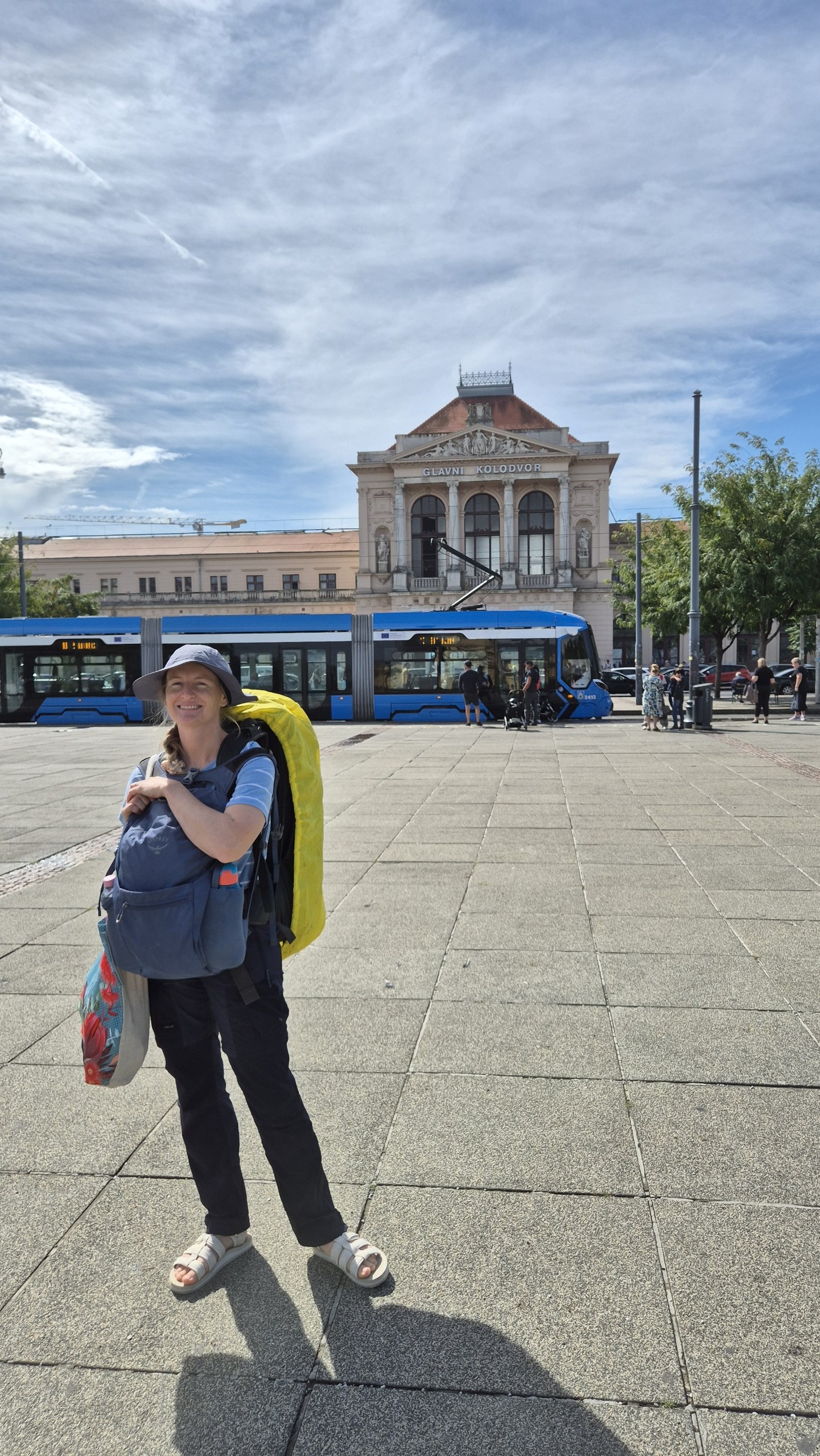 Caro outside Zagreb Glavni kolodvor with our luggage