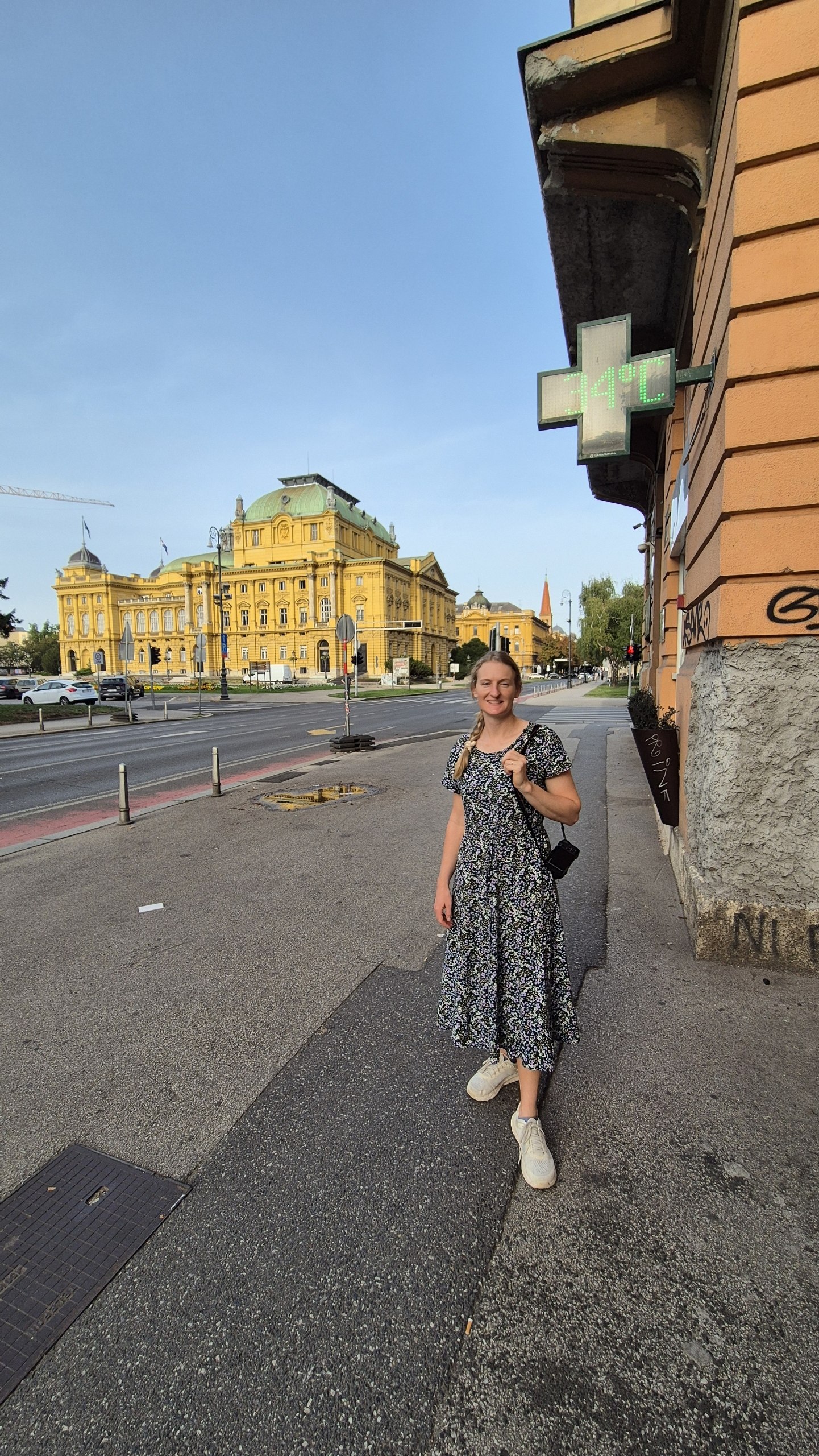 Caro walking near the Croatian National Theatre in Zagreb