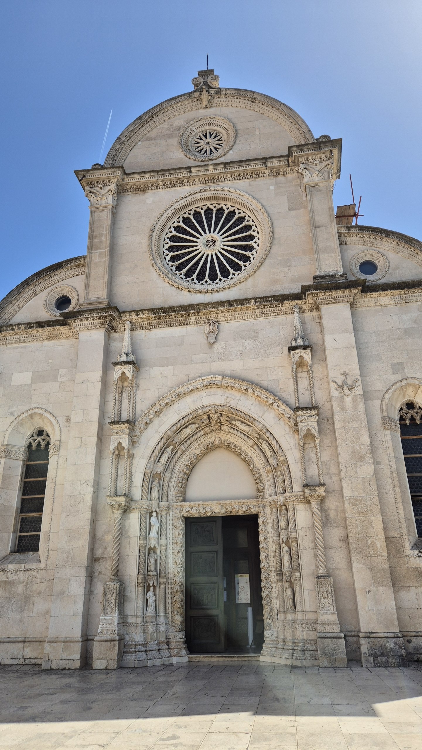 The carved stone front of the Cathedral of St James in Šibenik