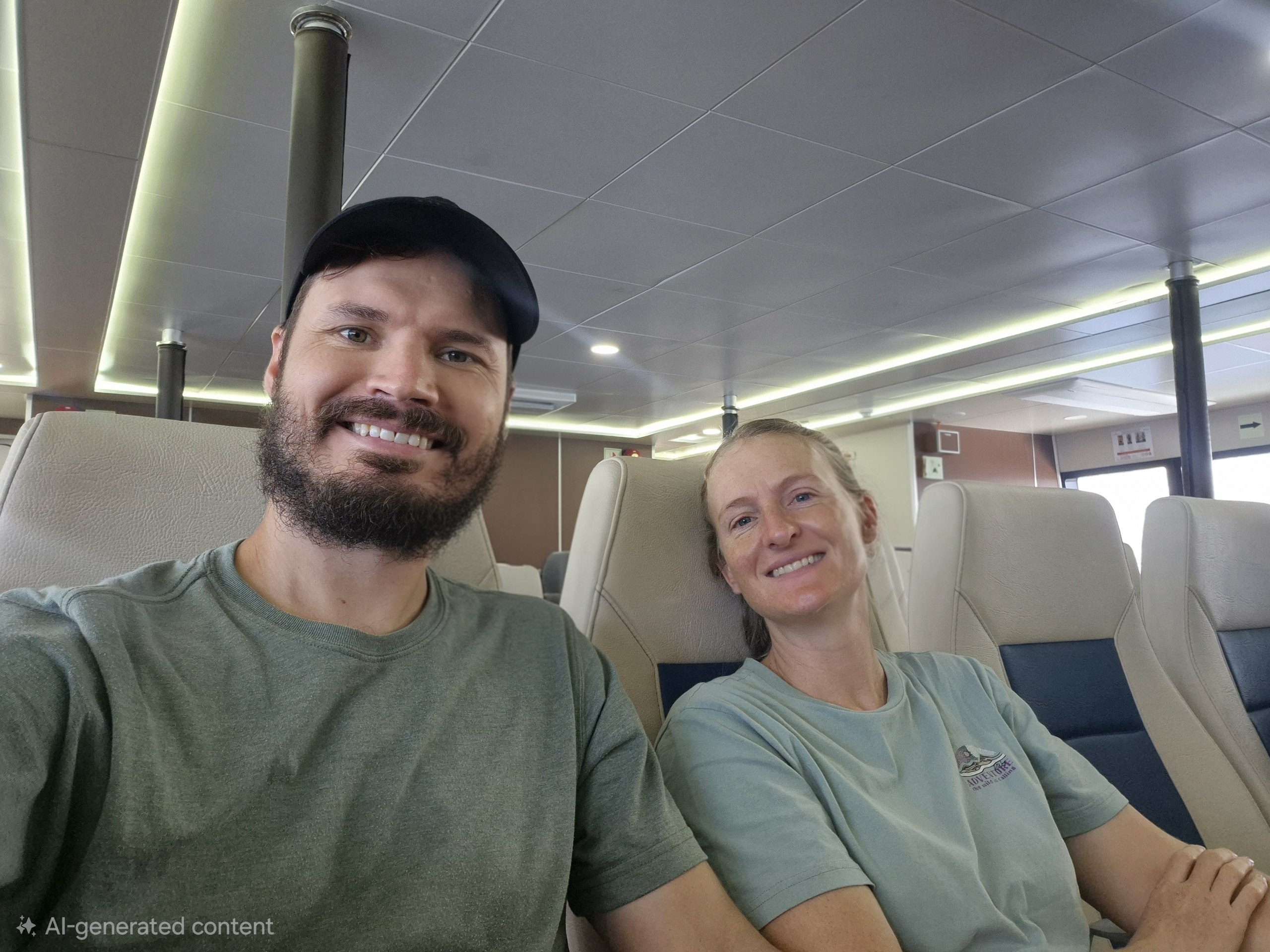 Hugo and Caro seated aboard the passenger ferry to Stari Grad