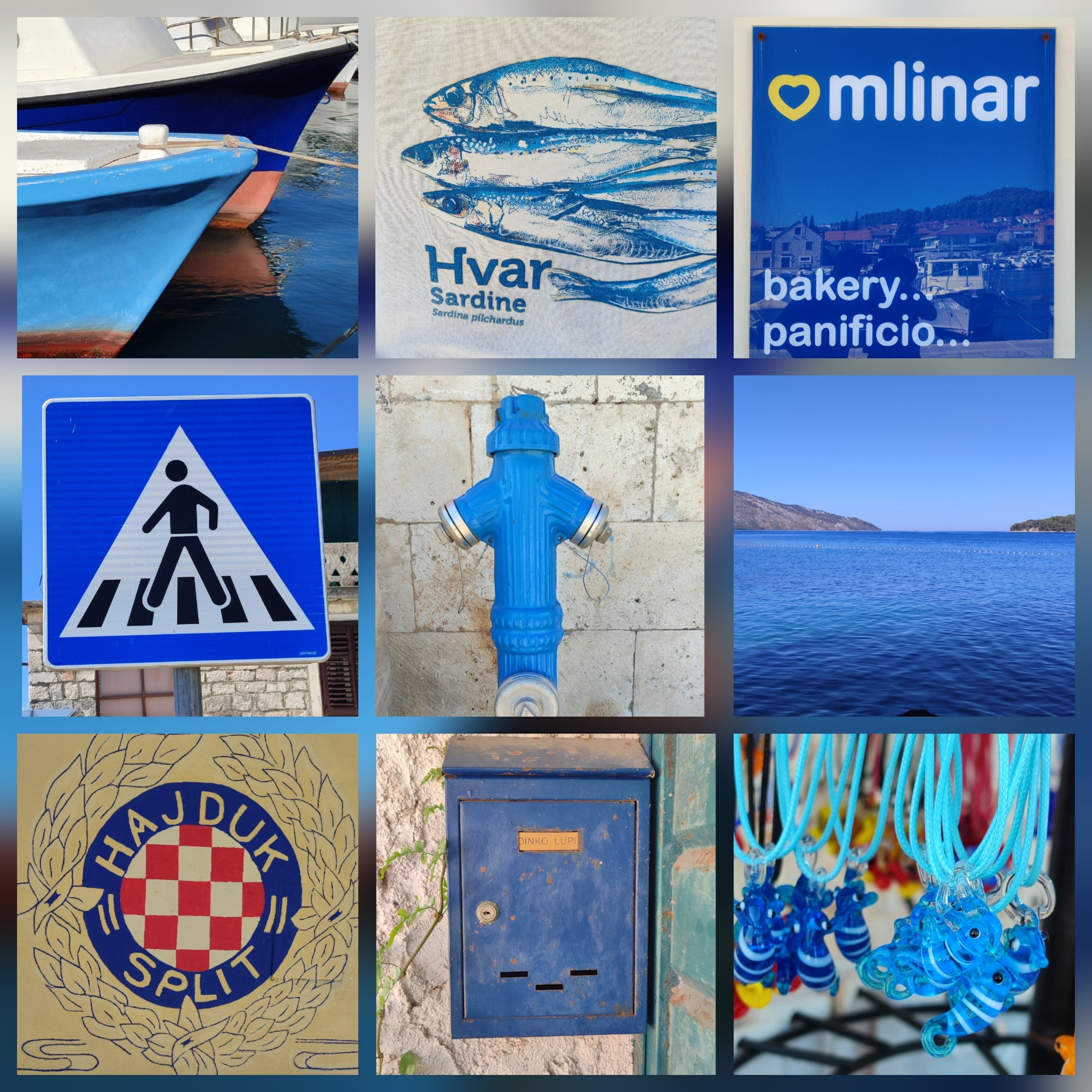 Collage of blue details Caro photographed around Stari Grad
