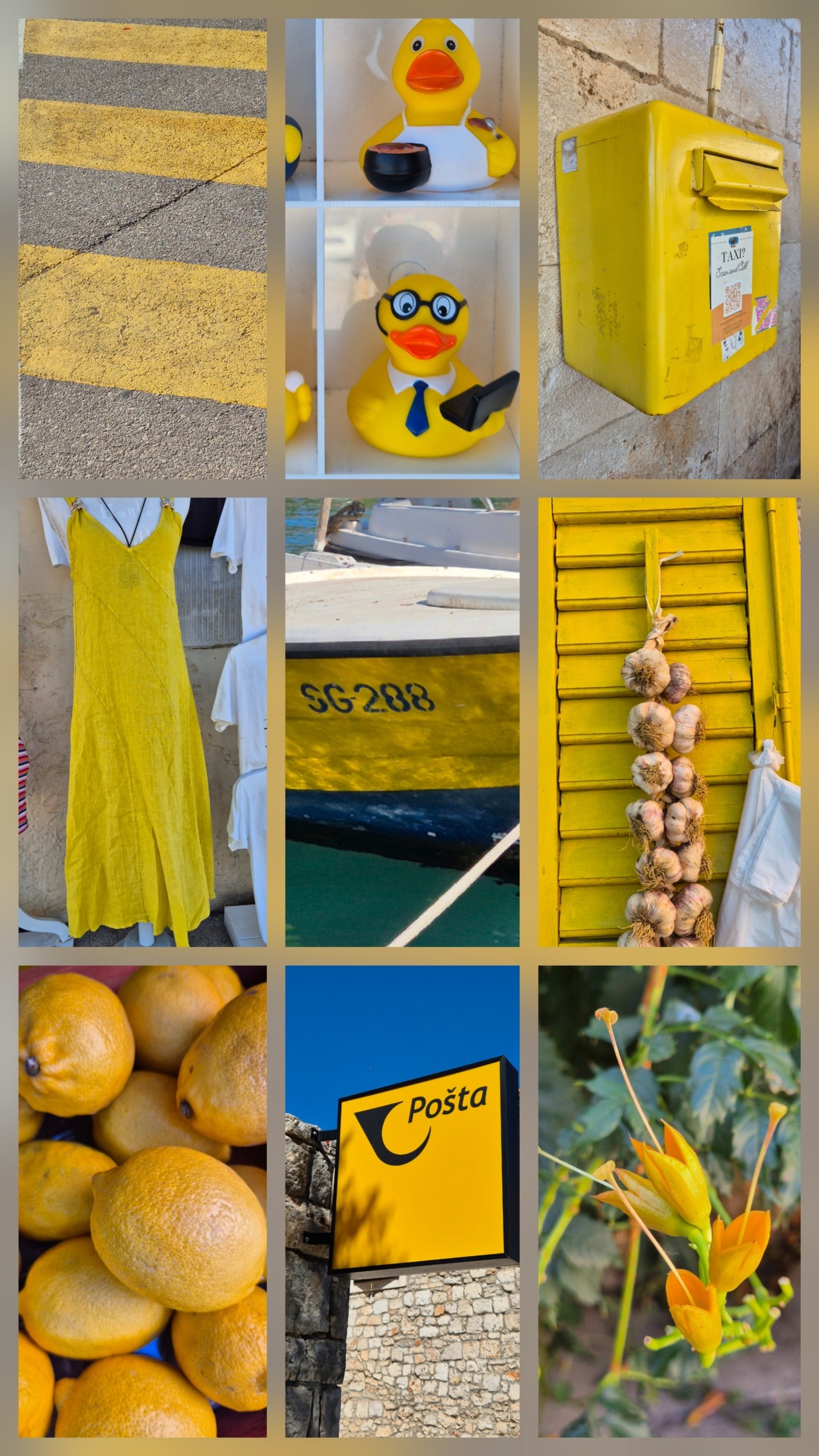 Collage of yellow details Hugo photographed around Stari Grad