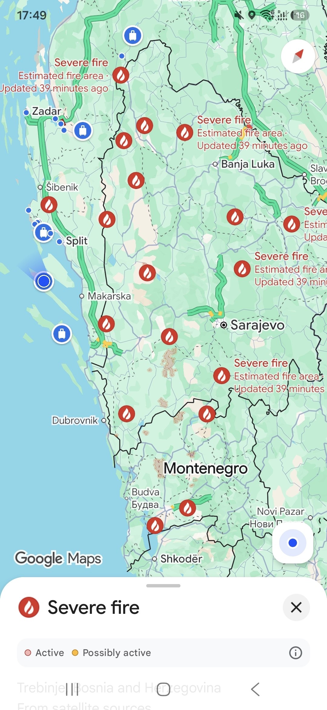 Google Maps showing severe fires across the mainland while Hvar remained clear