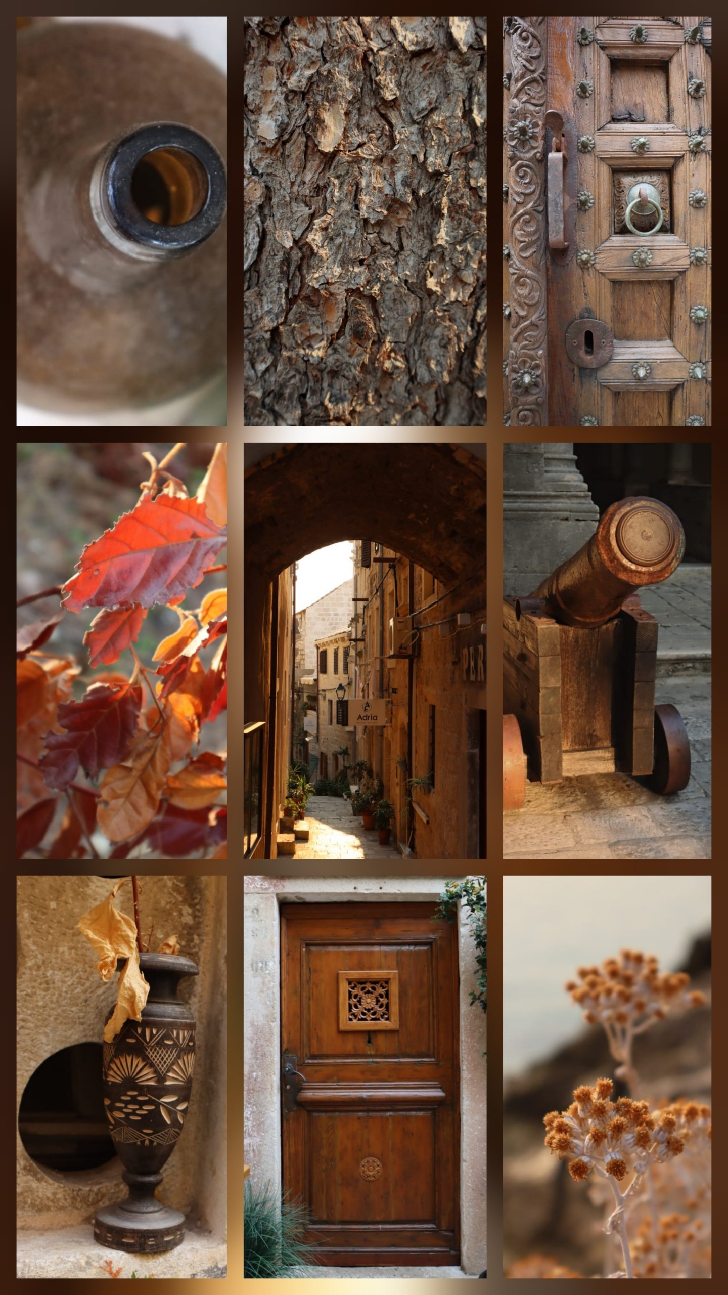 A collage of brown details photographed during the colour challenge in Korcula