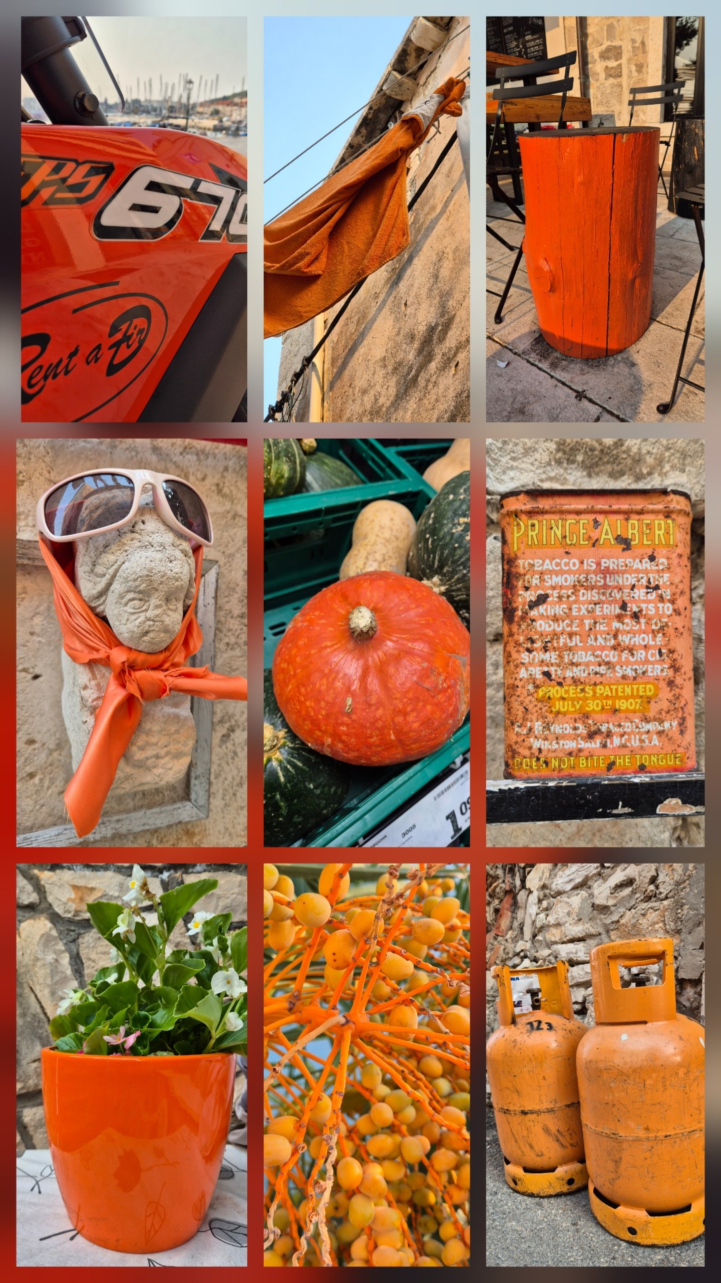 A collage of orange details photographed during the colour challenge in Korcula
