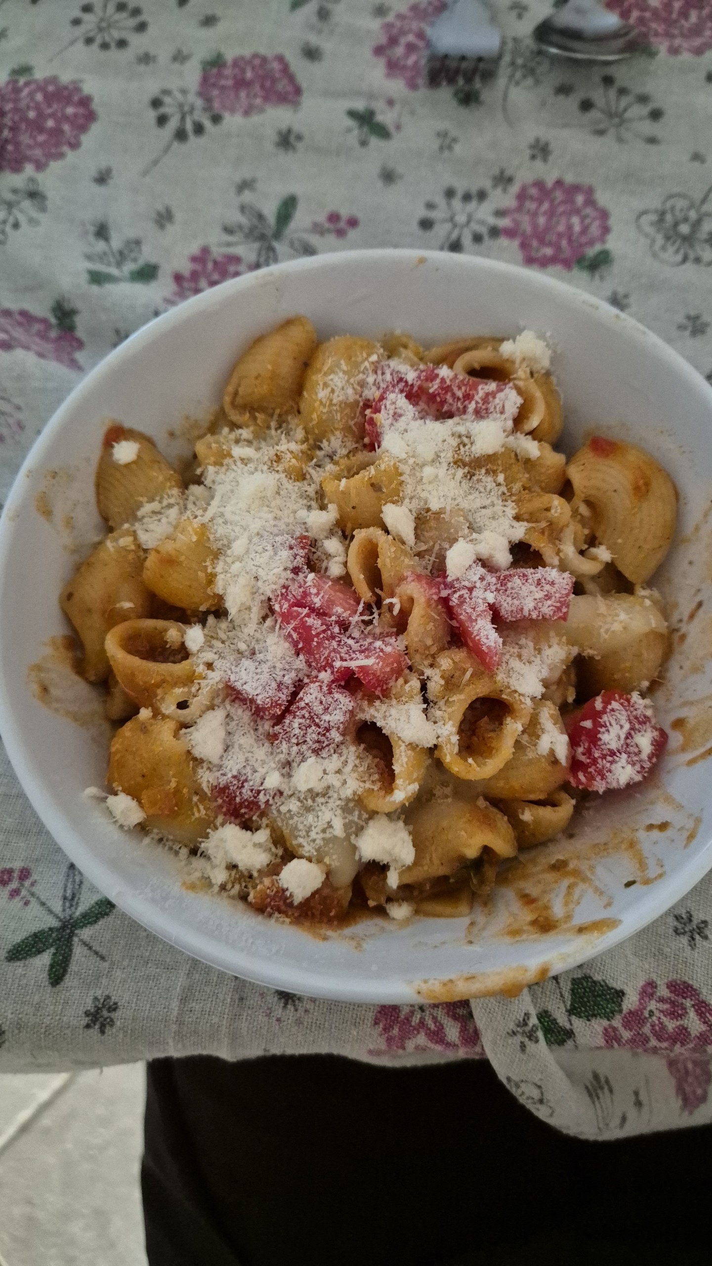 Pasta with jarred bolognaise sauce and Parmesan for dinner