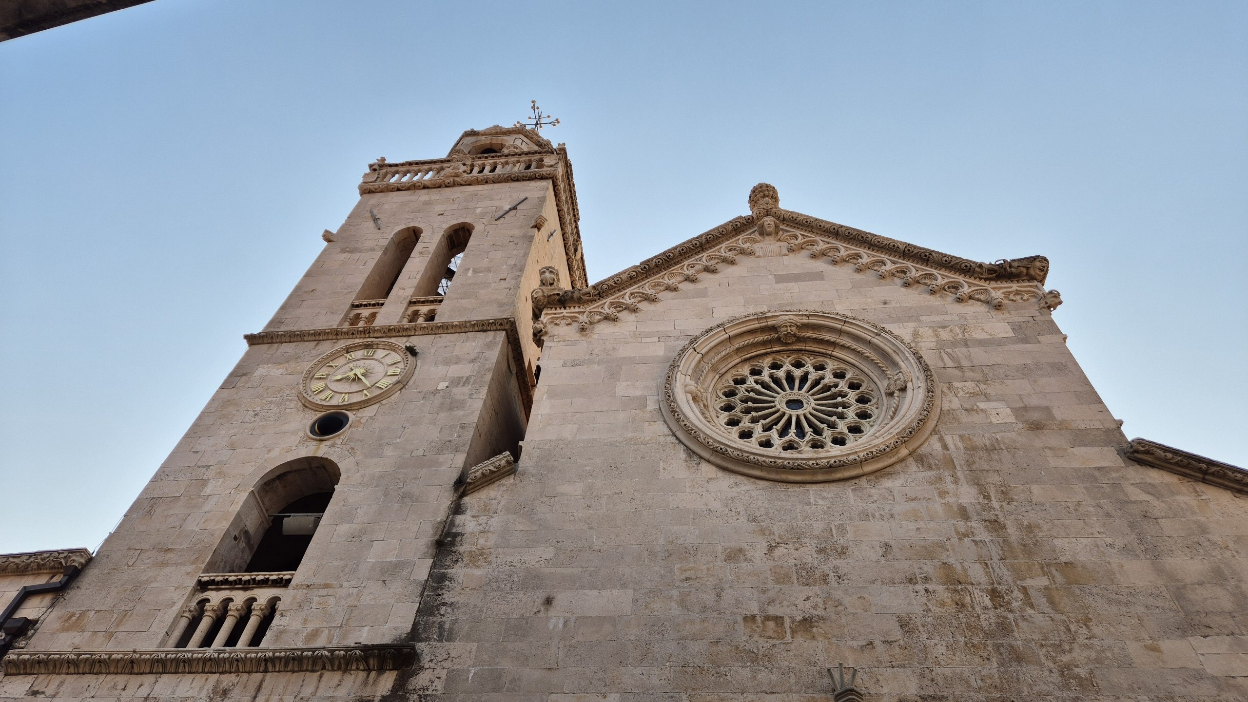 A wide view of St Marks Cathedral and its clock tower in Korcula