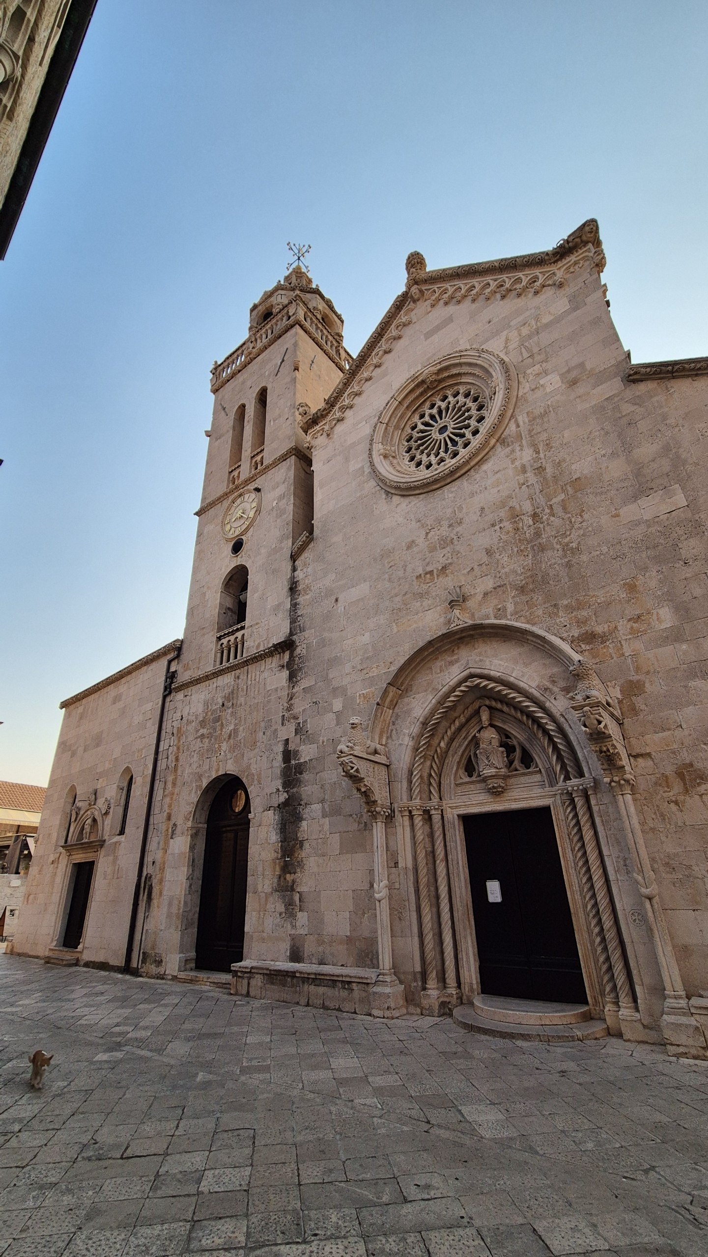 The stone facade and bell tower of St Marks Cathedral in Korcula