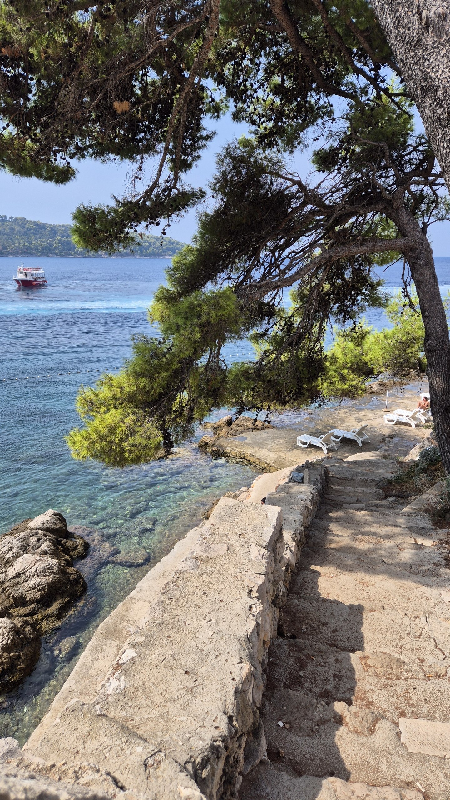 Stone steps leading down to clear water on Lopud