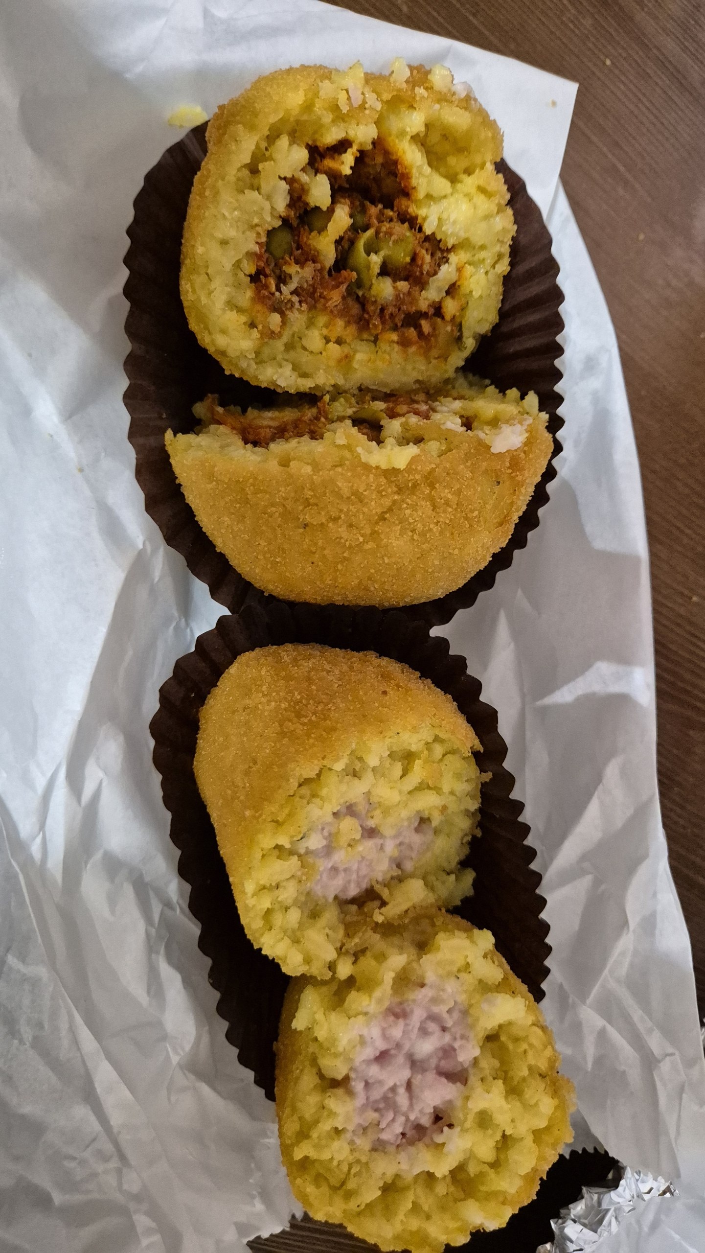 day49-ragu-ham-arancini Ragù and ham-and-cheese arancini cut open