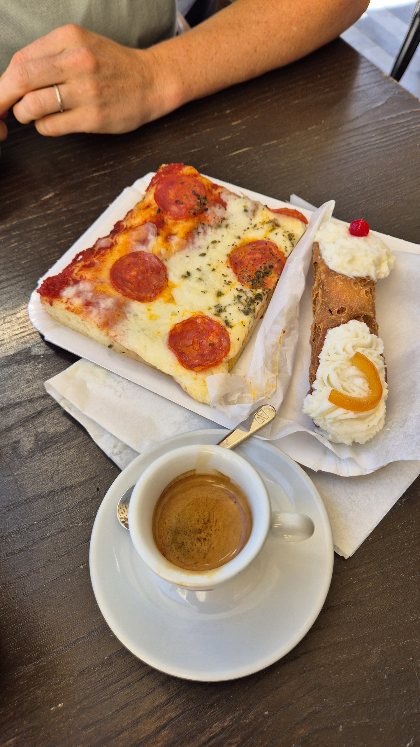day50-cafe-breakfast Cannolo, a thick Margherita slice and espresso at the cafe in Castellammare del Golfo