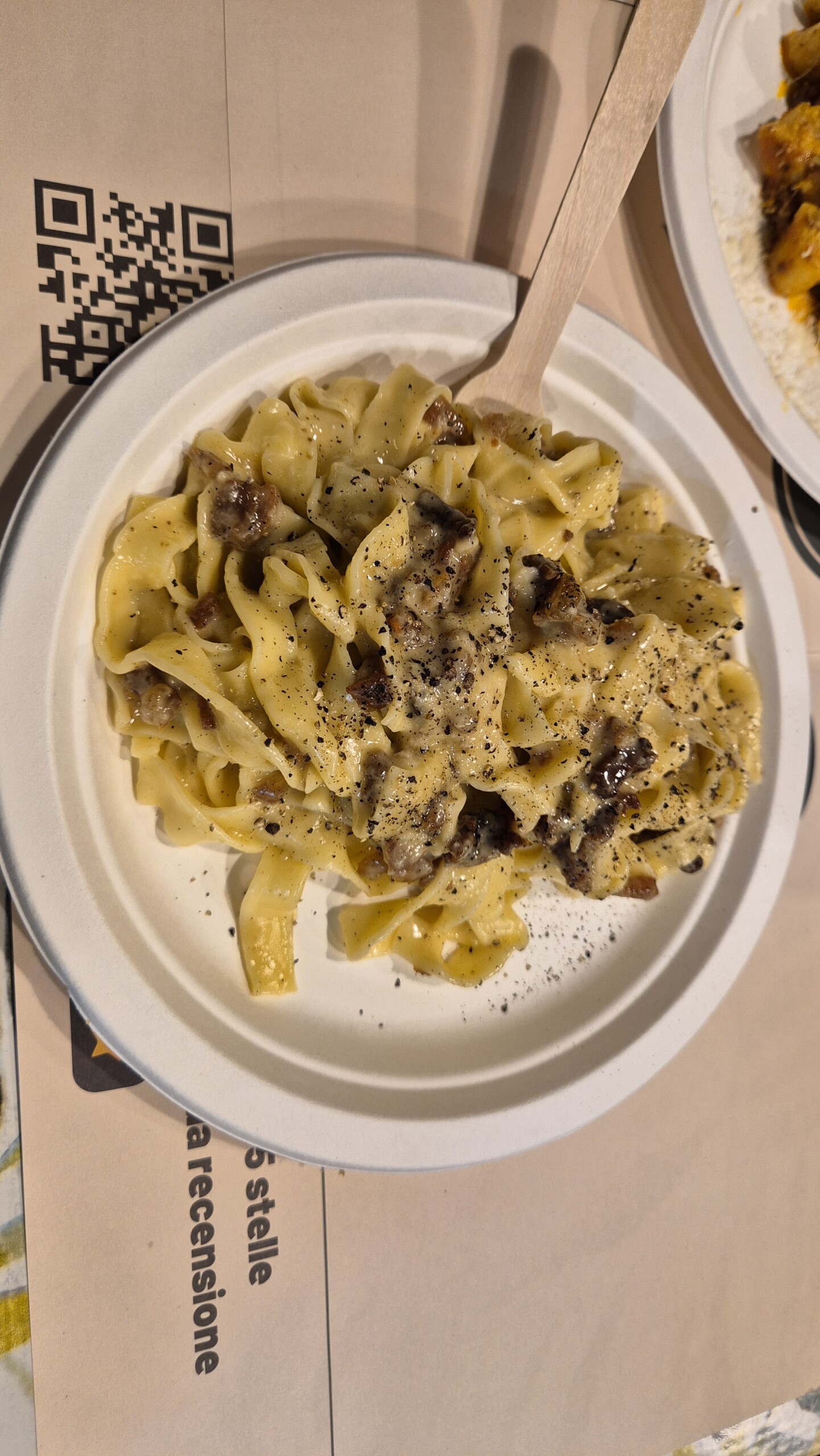 day64-carbonara-tagliatelle Carbonara tagliatelle on a paper plate