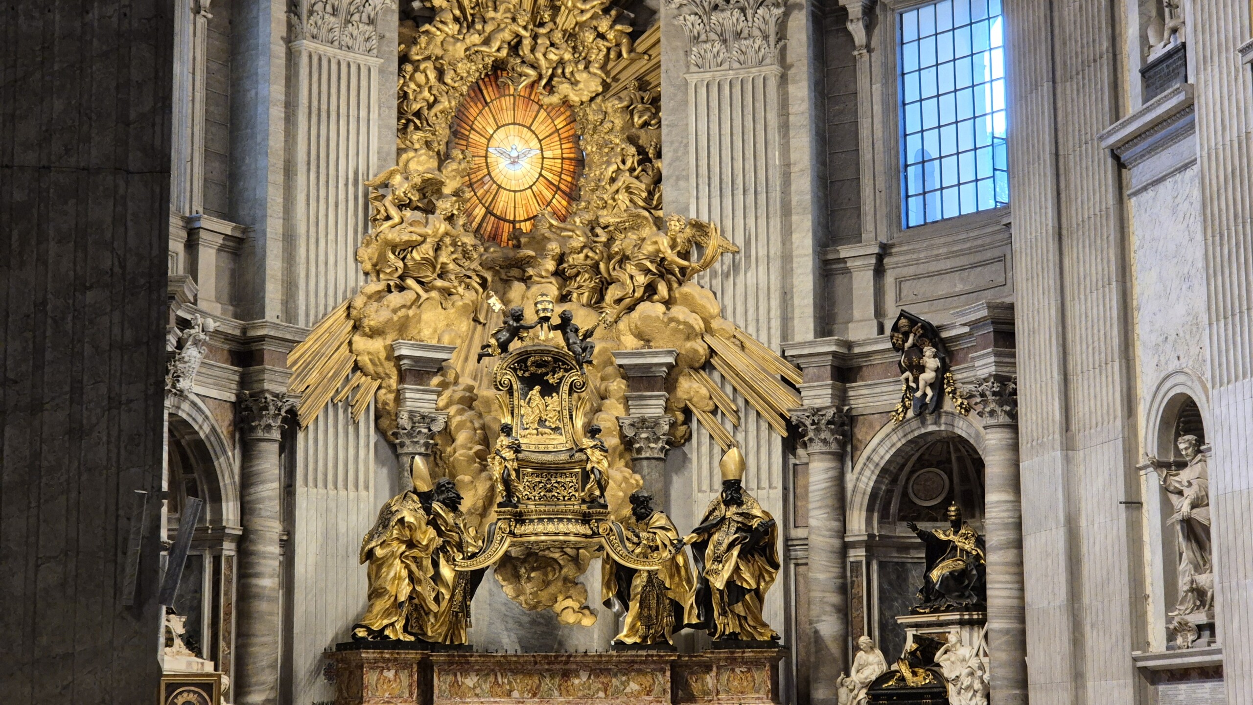 day64-cathedra-petri Bernini's Chair of St Peter with the alabaster window of the Holy Spirit above it