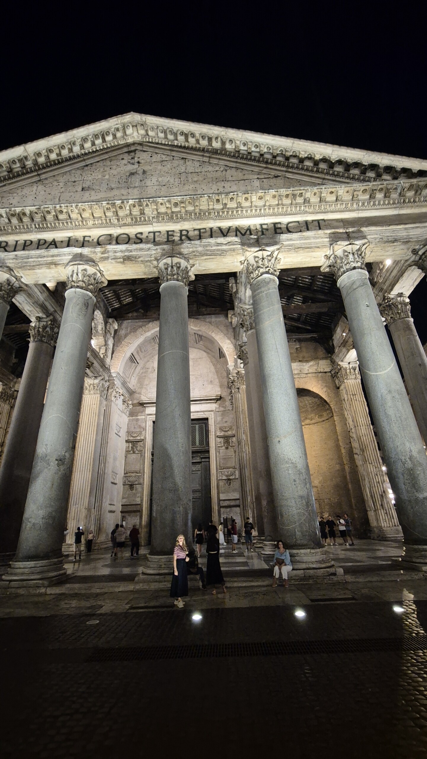 day64-pantheon-portico-night Caro under the columns of the Pantheon portico at night