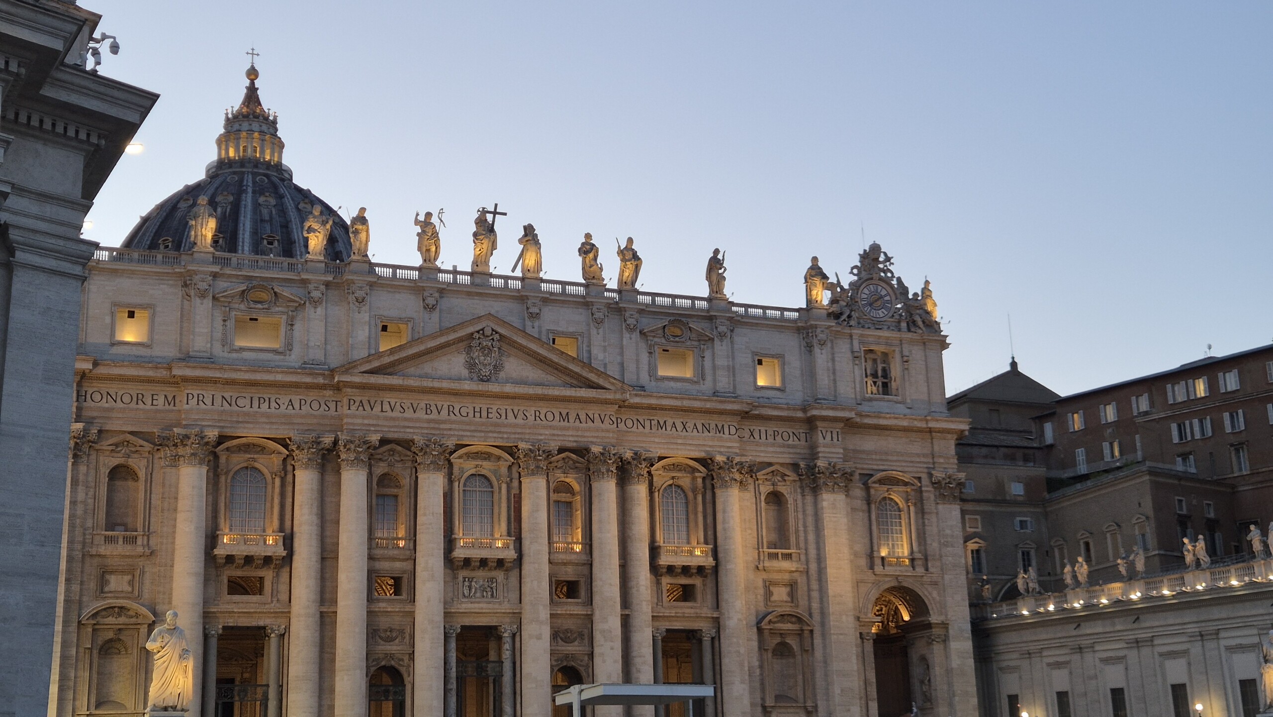 day64-st-peters-facade-dusk The front of St Peter's Basilica lit by the last of the evening light