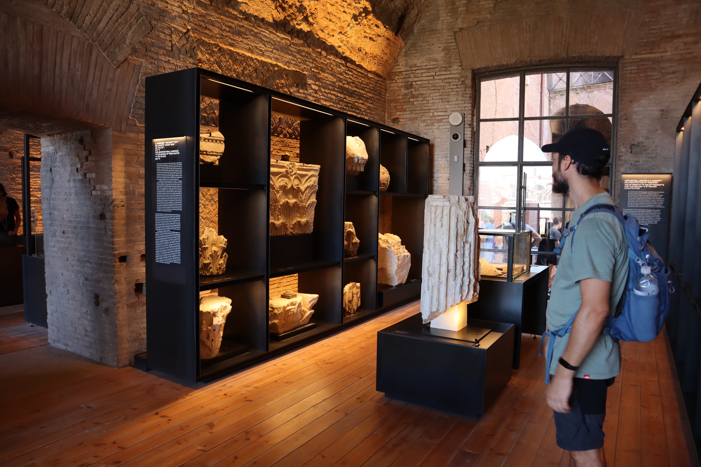 day66-palatine-artefacts Hugo examining artefacts displayed on the route to Palatine Hill