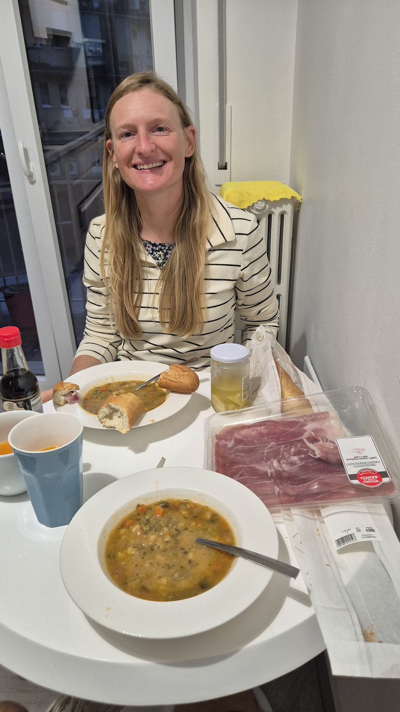 day69-minestrone-prosciutto-dinner Caro with minestrone, prosciutto crudo and baguette back at the apartment